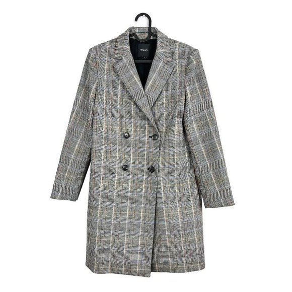 Theory Women's Small Double-Breasted Plaid Wool Coat in Blue Brown Grey Check - Picture 4 of 11